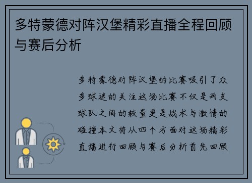 多特蒙德对阵汉堡精彩直播全程回顾与赛后分析