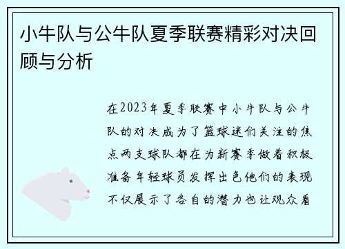 小牛队与公牛队夏季联赛精彩对决回顾与分析